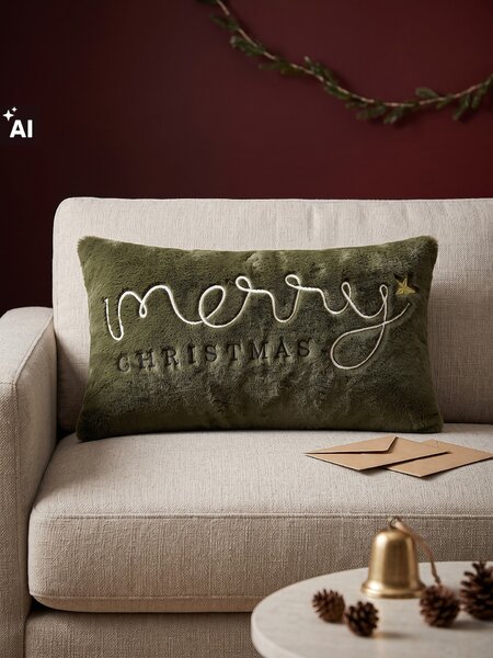 Sinsay - Dekoratívny vianočný vankúš s vyšívaným nápisom Merry Christmas - zelená