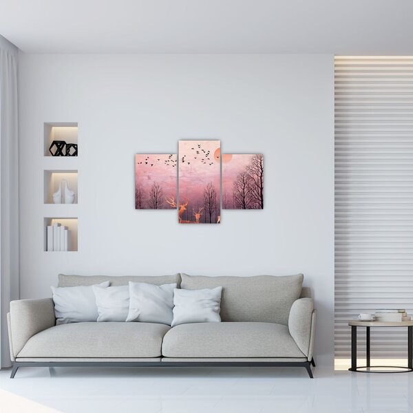 Obraz - Jelene v žiare zapadajúceho slnka (90x60 cm)