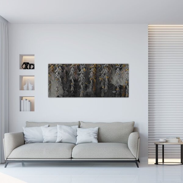 Obraz - Vŕbové vetvičky v čiernom pozadí (120x50 cm)