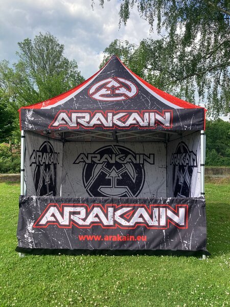 TENTino SET - Nožnicový párty stan 3x3 m EXTRA HIGH ROOF s jednostrannou potlačou Plachtovina (nůžk.stany s potiskem): polyester 300 g/m2, Typ konštrukcie: BIG HEXAGON S VYŠŠÍ ŠPICÍ, POTLAČ - strecha + bočnice: střecha + 4x boční strana
