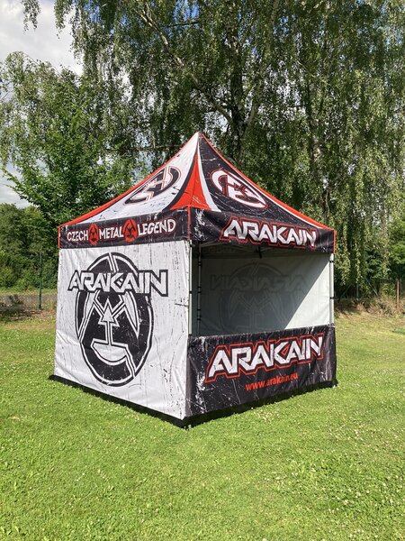 TENTino SET - Nožnicový párty stan 3x3 m EXTRA HIGH ROOF s jednostrannou potlačou Plachtovina (nůžk.stany s potiskem): polyester 300 g/m2, Typ konštrukcie: BIG HEXAGON S VYŠŠÍ ŠPICÍ, POTLAČ - strecha + bočnice: střecha + 4x boční strana