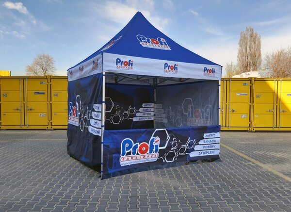 TENTino SET - Nožnicový párty stan 3x3 m EXTRA HIGH ROOF s jednostrannou potlačou Plachtovina (nůžk.stany s potiskem): polyester 300 g/m2, Typ konštrukcie: BIG HEXAGON S VYŠŠÍ ŠPICÍ, POTLAČ - strecha + bočnice: střecha + 4x boční strana