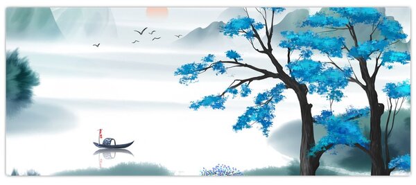 Obraz - Maľované jazero s loďkou (120x50 cm)