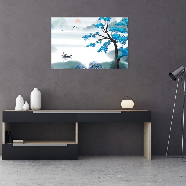Obraz - Maľované jazero s loďkou (90x60 cm)