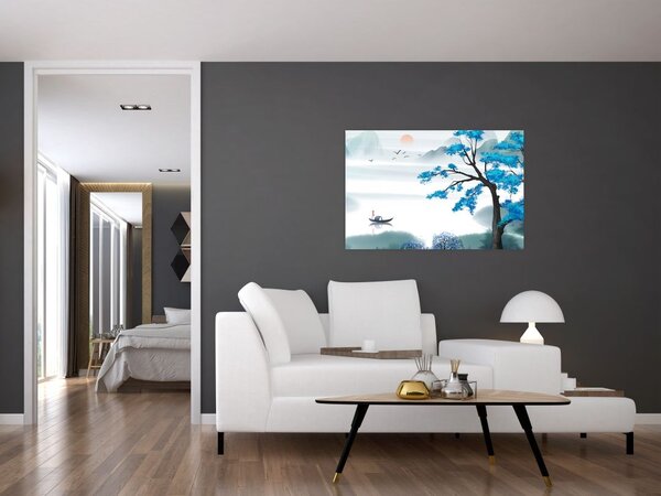 Obraz - Maľované jazero s loďkou (90x60 cm)