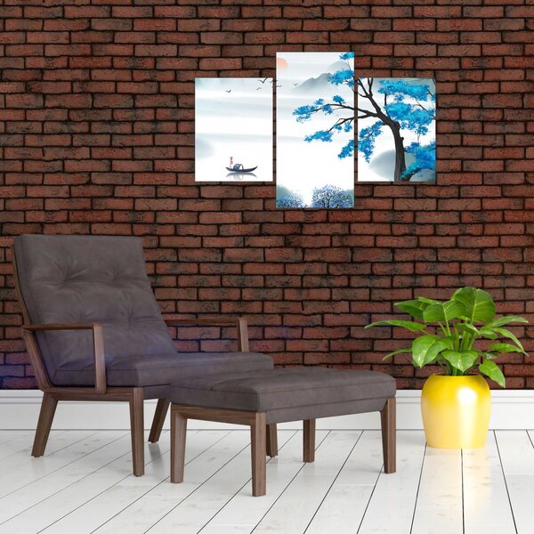 Obraz - Maľované jazero s loďkou (90x60 cm)