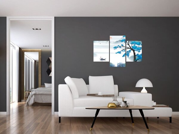 Obraz - Maľované jazero s loďkou (90x60 cm)