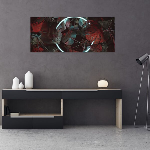 Obraz - Neónový kruh medzi palmami (120x50 cm)