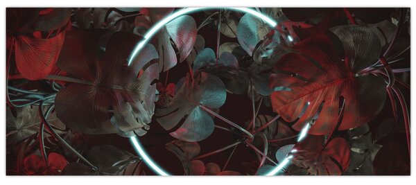 Obraz - Neónový kruh medzi palmami (120x50 cm)