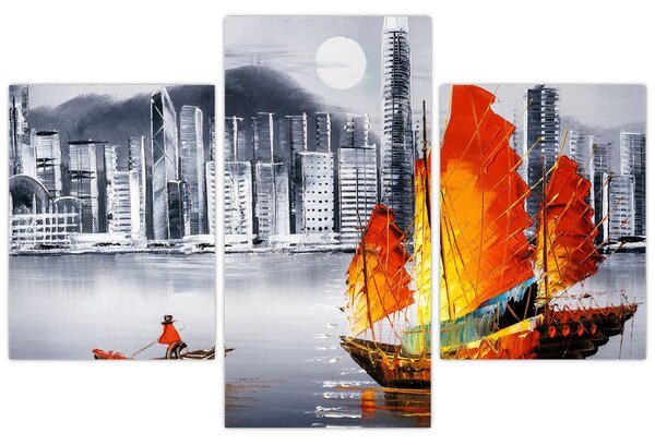 Obraz - Victoria Harbor, Hong Kong, čiernobiela olejomaľba (90x60 cm)