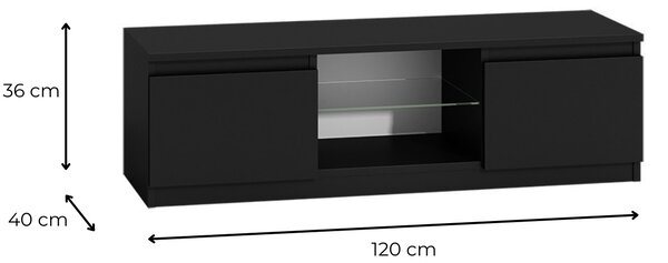 TP Living Televízny stolík DELUKO so sklenenou policou 120 cm čierny lesk
