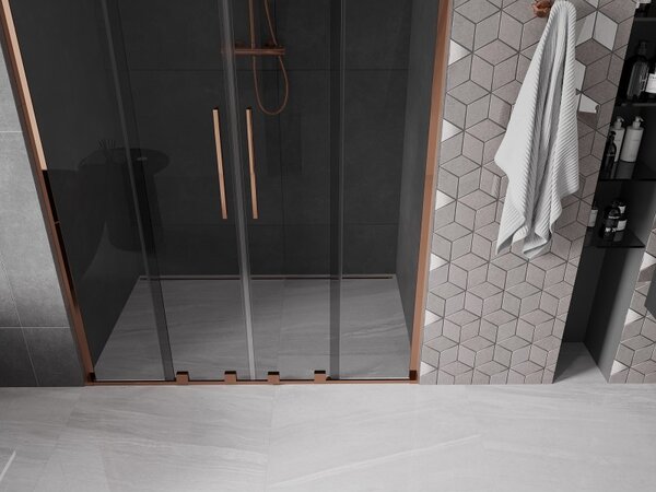 Mexen Velar L Duo, posuvné sprchové dvere do otvoru 140 cm, 8mm šedé sklo, ružové zlato, 871-140-003-42-60