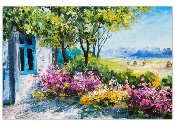 Obraz záhradky pred domom, olejomaľba (90x60 cm)