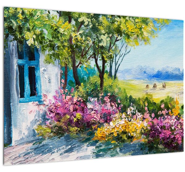 Obraz záhradky pred domom, olejomaľba (70x50 cm)
