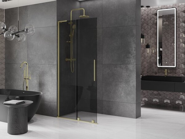 Mexen Velar L, posuvná sprchová zástena Walk-in 90 x 200 cm, 8mm šedé sklo, zlatá matná, 871-090-003-43-55