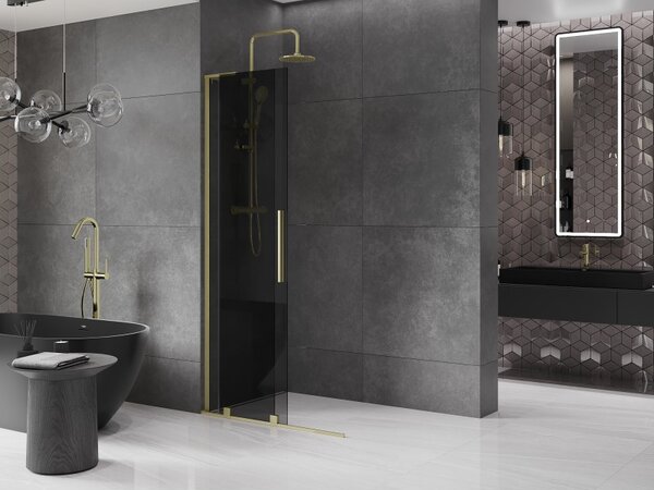 Mexen Velar L, posuvná sprchová zástena Walk-in 90 x 200 cm, 8mm šedé sklo, zlatá matná, 871-090-003-43-55