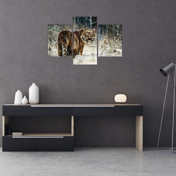 Obraz - Tiger v zasneženom lese, olejomaľba (90x60 cm)