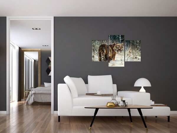Obraz - Tiger v zasneženom lese, olejomaľba (90x60 cm)
