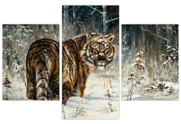 Obraz - Tiger v zasneženom lese, olejomaľba (90x60 cm)