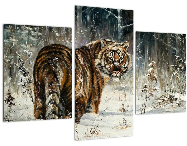 Obraz - Tiger v zasneženom lese, olejomaľba (90x60 cm)