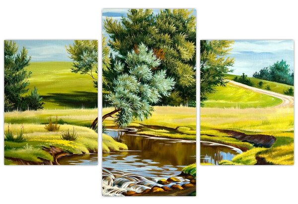 Obraz - Rieka medzi lúkami, olejomaľba (90x60 cm)