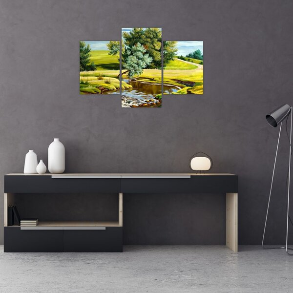 Obraz - Rieka medzi lúkami, olejomaľba (90x60 cm)