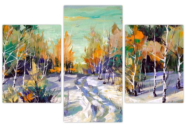 Obraz - Zasnežená cesta lesom, olejomaľba (90x60 cm)