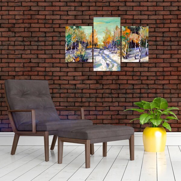 Obraz - Zasnežená cesta lesom, olejomaľba (90x60 cm)