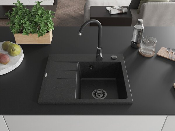 Mexen Ben, 1-komorový granitový drez 600x500x190 mm, pravý + čierny sifón, čierna-strieborná metalíza, 6523605000-73-B