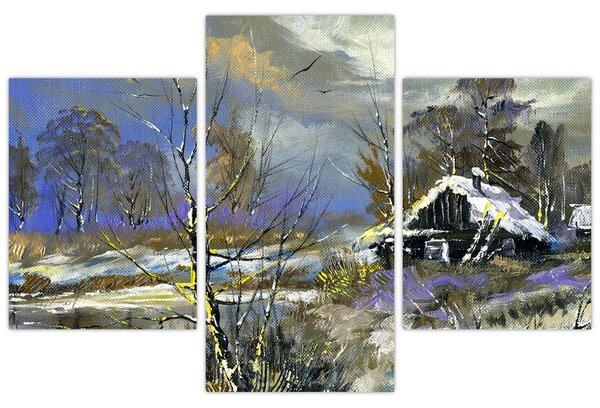 Obraz chalúpky v zimnej krajine, olejomaľba (90x60 cm)