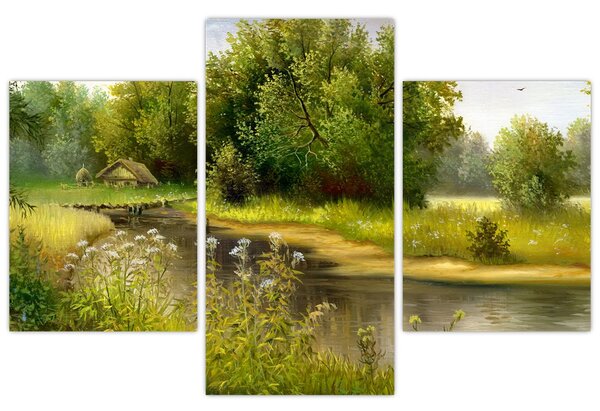 Obraz - Rieka pri lese, olejomaľba (90x60 cm)