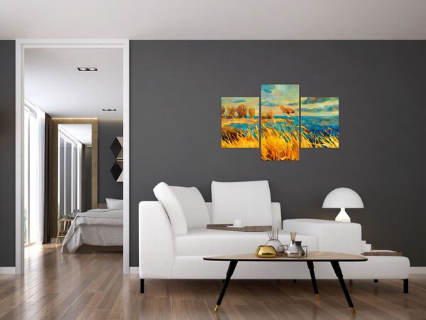 Obraz - Západajúce slnko nad jazerom, akrylová maľba (90x60 cm)