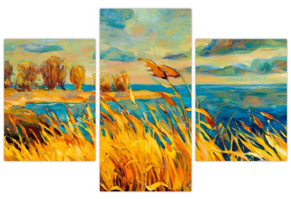 Obraz - Západajúce slnko nad jazerom, akrylová maľba (90x60 cm)