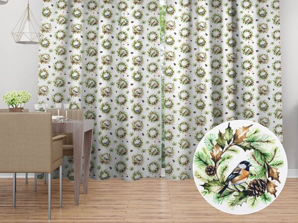 Biante Dekoračný záves TF-103 Vianočné vence s vtáčikmi na bielom 140x140 cm