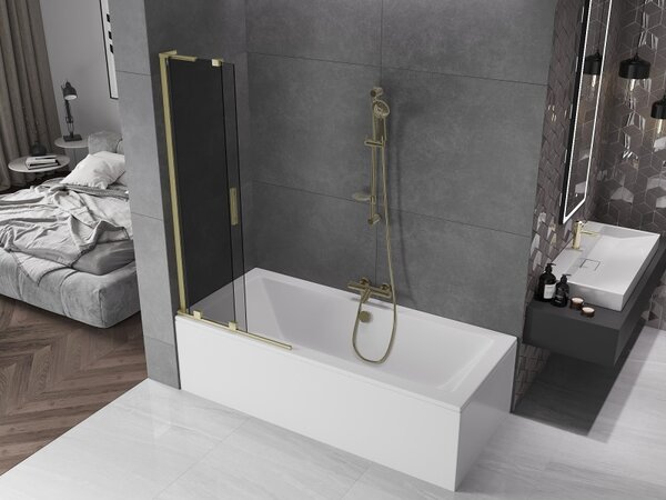 Mexen Velar L, 2-krídlová posuvná vaňová zástena 80 x 150 cm, 8mm šedé sklo, zlatá matná, 896-080-003-41-55