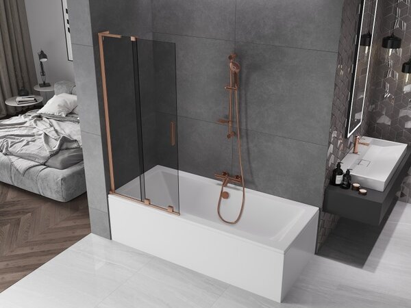Mexen Velar L, 2-krídlová posuvná vaňová zástena 80 x 150 cm, 8mm šedé sklo, medená matná, 896-080-003-41-65