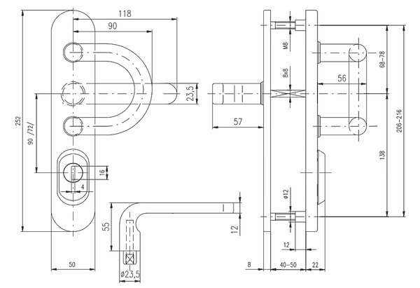 Bezpečnostné kovanie ROSTEX BK RX 1-50 FORTE 4. tr.(NEREZ MAT), madlo/klika, Otvor na cylindrickú vložku PZ, ROSTEX Nerez mat, 72 mm