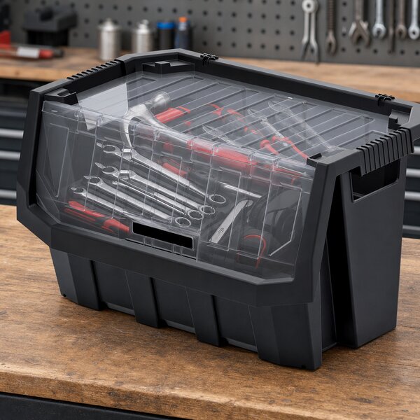 Prosperplast Dílenský úložný box HEAVY DUTY, S VÍKEM, černý 58x38x35 cm, XL