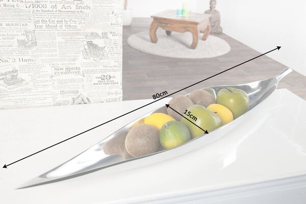 Moderná veľká dekoračná misa na ovocie Leaf z kovu v striebornej farbe s lesklým povrchom v tvare listu 80 cm