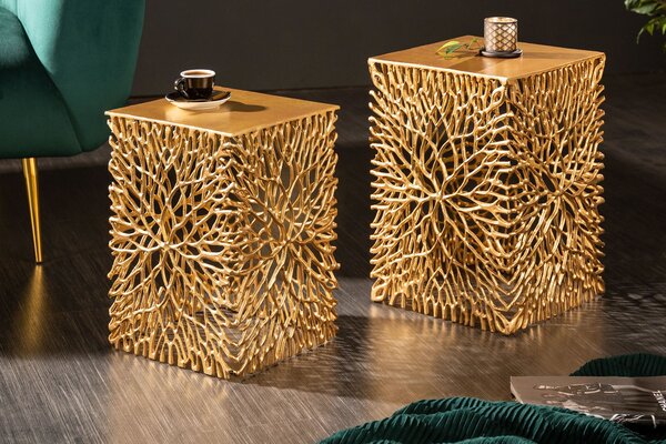Art-deco štýlový set dvoch štvorcových príručných stolíkov Hoja v zlatej farbe
