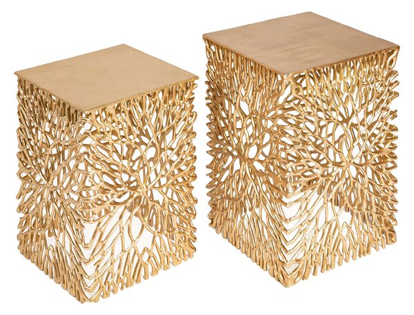 Art-deco štýlový set dvoch štvorcových príručných stolíkov Hoja v zlatej farbe