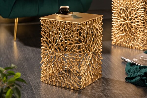 Art-deco štýlový set dvoch štvorcových príručných stolíkov Hoja v zlatej farbe
