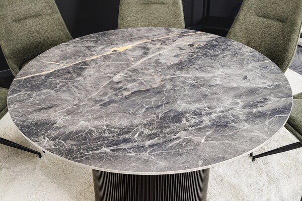 Art deco okrúhly jedálenský stôl Marmol Lignia s čiernou drážkovanou podstavou a mramorovou sivou doskou 120 cm