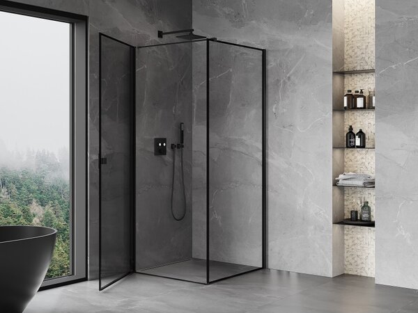Mexen Mist-B, 1-krídlový výklopný sprchový kút, ľavý, 70 x 70 cm, číre sklo-čierny rám, 8A2T-070-070-70-70-L