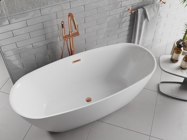 Mexen Luvo Slim, voľne stojaca vaňa 170 × 75 cm, biela lesklá, ružové zlato prepad, 52801707500-60