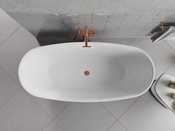Mexen Luvo Slim, voľne stojaca vaňa 170 × 75 cm, biela lesklá, ružové zlato prepad, 52801707500-60