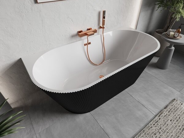 Mexen Oris, voľne stojaca ryhovaná vaňa 150 x 75 cm, biela-čierna, ružové zlato prepad, 52871507575-60