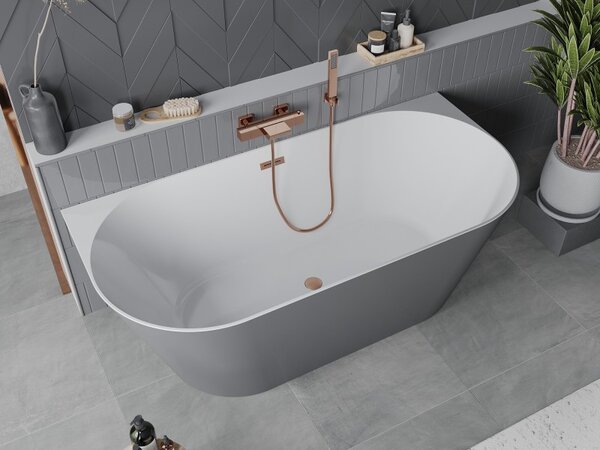 Mexen Oval Slim, voľne stojaca vaňa ku stene, 170 x 80 cm, biela-šedá, medený matný prepad, 52661708062-65