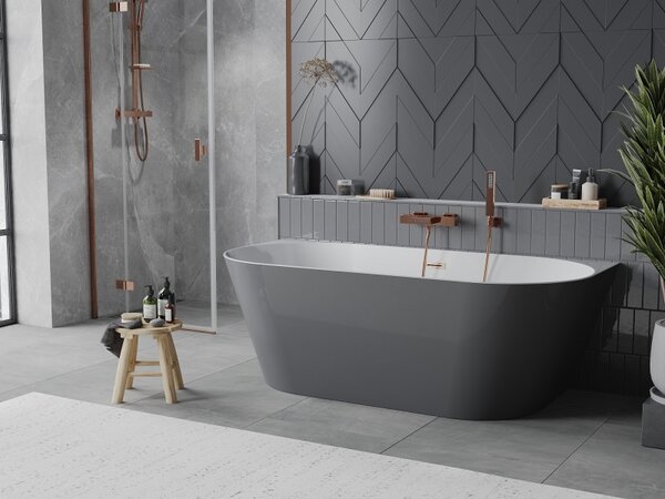 Mexen Oval Slim, voľne stojaca vaňa ku stene, 170 x 80 cm, biela-šedá, medený matný prepad, 52661708062-65