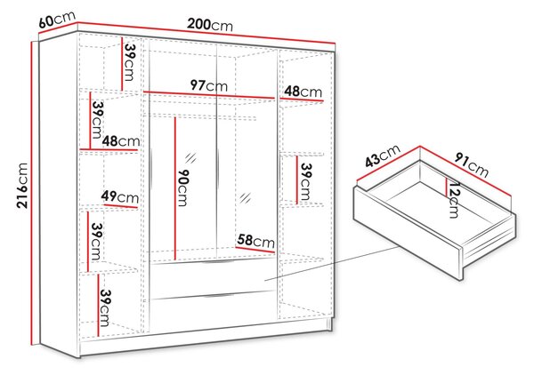 Veľká šatníková skriňa 200 cm so zrkadlom BETILA - biela / zlatá